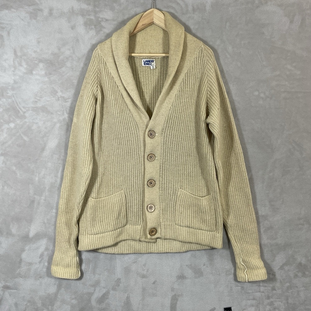 Vintage 70s Lands End Wool Cardgian Sweater 42-44 Large Chunky Shawl Fisherman
